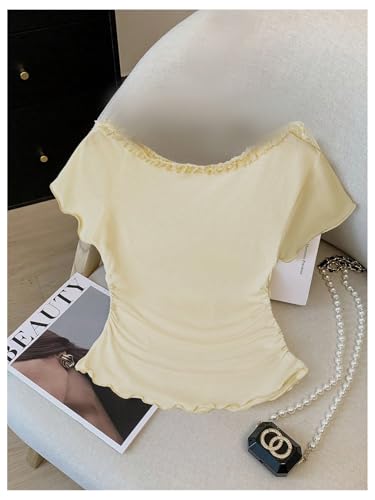 Verdusa Women's Bow Lace Ruched Ruffle Off The Shoulder Short Sleeve Asymmetrical Fitted T Shirts2