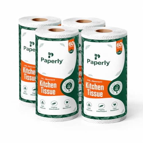 Image of 2Ply Kitchen Tissue Roll | 100% Natural Virgin Cellulose Fiber | Soft and Highly Absorbent Paper Towel For Kitchen Home and Office | Eco Friendly Disposable Napkins | 60 Sheets Per Roll Pack 4