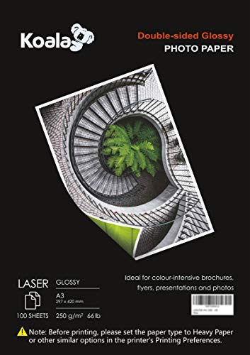 KOALA Papel Fotográfico Láser Brillante de Doble cara, A3, 250 g/m², 100 hojas, para impresoras LASER. Adecuado para...