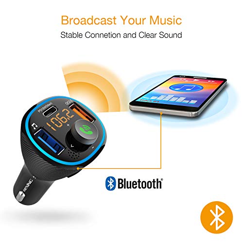 Rexing Fm Transmitter Car Charger W/Bluetooth 5.0, Wireless Audio Adapter Dual Usb & Type C, Quick Charge 3.0, Enhanced Bass Music Player, Hands-Free Calling, Siri&Google Assistant Voice Control #TOP2