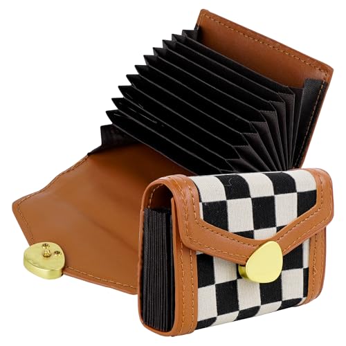 Checkered Slim Card Holder for Women, RFID Blocking, 11-Slot Accordion Wallet with Snap Closure, Brown Accent