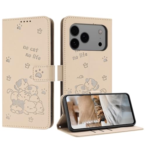 Étui à rabat iPhone 17 Pro beige chat en cuir magnétique