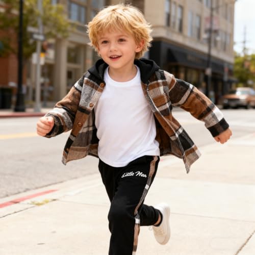 Image of OLMRJKD Toddler Baby Boy Clothes Plaid Long Sleeve Hoodie Sweatshirt + Pants 2pcs Boys Outfit Set
