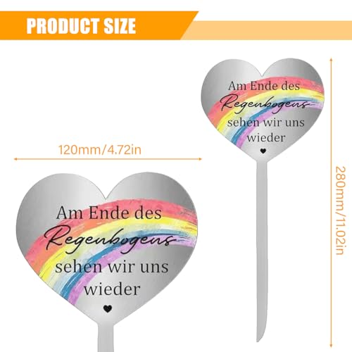 Grabstecker Wetterfest Herz Edelstahl Grabstecker, Grabdekoration Wetterfest Grabschmuck mit Gravur Am Ende des Regenbogens Sehen Wir Uns Wieder, Grab Deko zum Erinnerung Andenken Dekoherz Traue