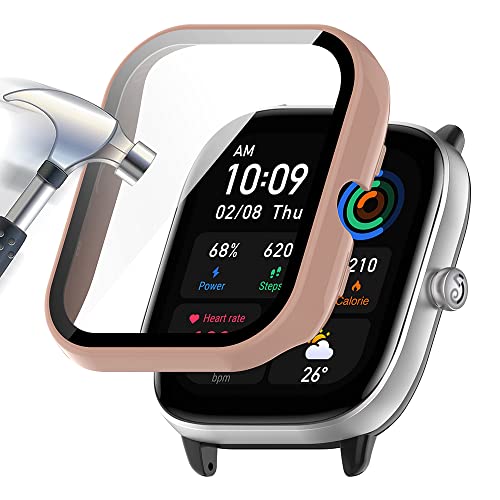 Acadeny - Carcasa protectora de pantalla de cristal templado + PC Bumper compatible con Amazfit GTS 4 mini antiarañazos protector funda para GTS 4 mini -rosa