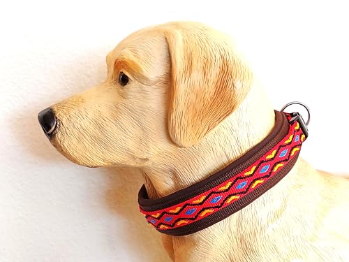 BUDDYPACK-Halsband Extra-Breit & Weich mit Neopren-Polster für Kleine und Große Hunde (Rot-Bunt auf Braun, Größe S/M)