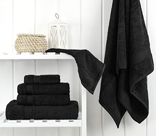 Soft Absorbent Paradise Towel Set For Bathroom, 2 Bath Towels 2 Hand Towels 2 Washcloths, 6 Piece, 100% Turkish Cotton, Black #TOP1