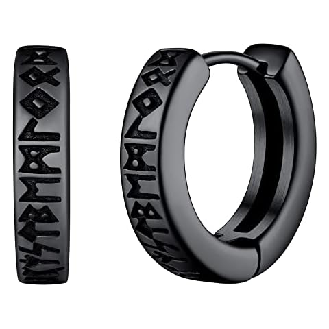 FaithHeart Black Hoop Earrings for Boys Punk Style Norse Viking Rune Earring Hoops Stainless Steel Mens Ear Jewelry Cover