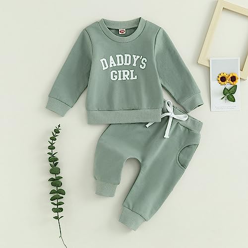 CREAIRY Newborn Baby Girl Outfits Daddy’s Girl Sweatshirt Long Sleeve T-Shirt Tops Pants Set Sweatsuit Toddler Fall Clothes (Green, 0-6 Months) - Thumbnail 2