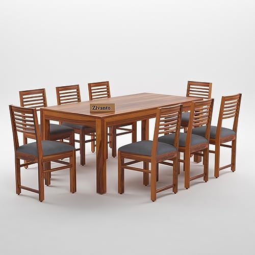 Image of Sheesham Wood Dining Table 8 Seater | Rectangle Eight Seater Dinning Table with 8 Grey Cushion Chairs for Home | Kitchen Dinner Table 8 Seater | Dining Room Sets for Restaurants | Teak Finish