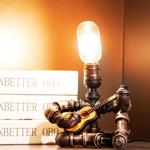 Image of Music Guitar Table Lamp,Steampunk Table Lamp,Retro Guitars Steampunk lamp, Industrial Metal Tube Robot Lamp Cool Guitar Stuff Present for Men Music Lovers