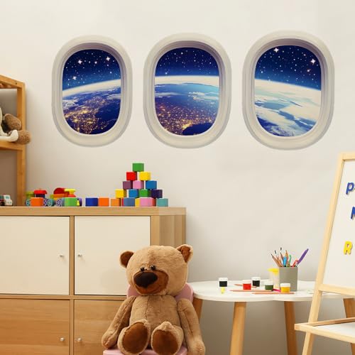 Kidapsis ウォールステッカー 飛行機窓 宇宙 地球 偽の窓 おしゃれ ウォールシール 貼って剥がせる 子供部屋 保育園 男の子 女の子 DIY インテリア 壁飾り 防水 賃貸 OK リビング 寝室 壁紙シール [4]