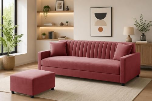 Image of Modern Three Seater Wooden Sofa Set with Ottoman, Soft Velvet Upholstery, Comfortable Couch for Living Room, Office & Apartment - Rose Pink Color