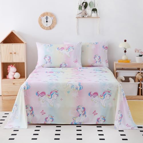 Yibeizi Rainbow Unicorn Twin Sheets Set Girls Microfiber Single Bedsheets