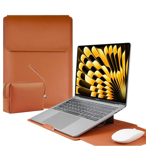 LuFiYa 【3in1】ノートパソコン用スリーブ pcスタンドとマウスパッド付き MacBook Air/MacBook Pro/iPad Air Pro/Surface 12/13/13.3/14/15.6/16インチ Laptop 対応 薄型 PU革パソコンスリーブ ノートPCインナーバッグ 耐衝撃 キズ 防止 撥水加工 電源収納ポーチ付き (15-16インチ | ブラウン)の商品画像（Amazon）