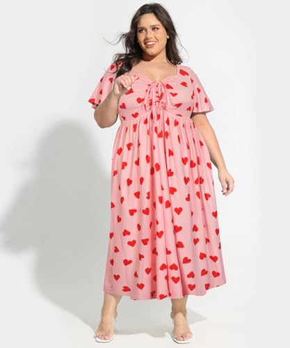 Image of CARCOS Plus Size Dresses for Curvy Women Tie Sweetheart Neck Summer Maxi Dress Short Sleeve Empire Waist Floral Boho Dress