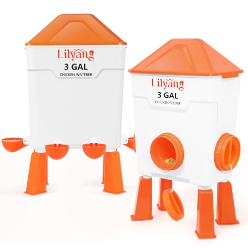 Lilyang XL Chicken Feeder and Waterer Set 3 Gallon, Automatic No-Waste Feeder, Large Poultry Waterer with 2.75'' Cups, Standing or Hanging Use, Feed Chickens & Ducks