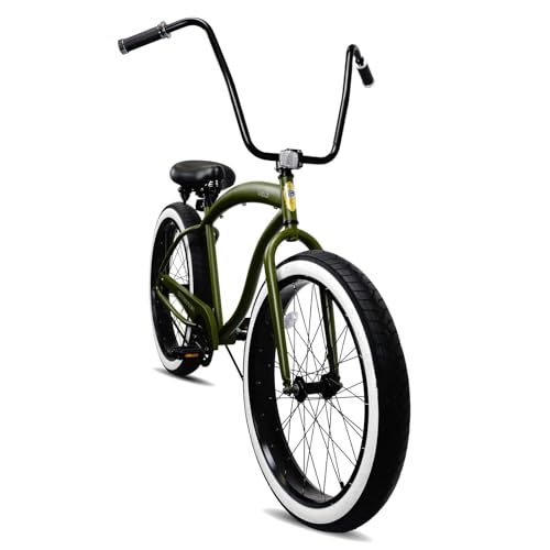 Bicicleta cruiser playera de 26 pulgadas, 1 velocidad, manillar elevado, bielas de tres piezas, llanta ancha de 26x4.0 pulgadas, para adultos, color verde mate miniatura 2