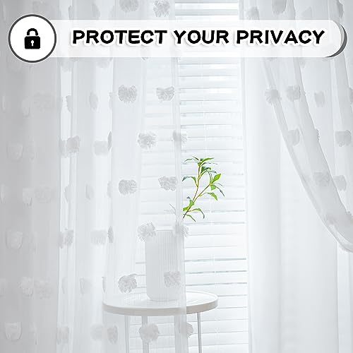 Image of MYSKY HOME White Curtains for Living Room 90 Inches Long Nursery Curtains for Bedroom Double Layer Curtains White Pom Pom Sheer Curtains for Dining Room Grommet Room Darkening Window Panels W52 X L90