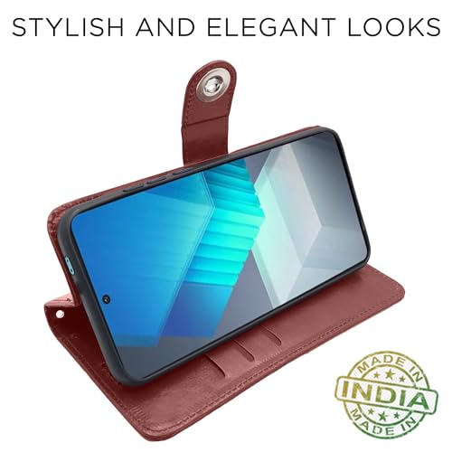 Image of Pikkme iQOO Neo 7 Pro 5G Flip Cover Leather Finish | Inside TPU with Card Pockets | Wallet Stand and Shock Proof | Complete Protection Button Flip Case (Brown)