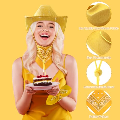 Image of Coume 12 Pcs Sparkly Adults Cowboy Hat and Bandanas Women Men Western Glitter Cowgirl Party Hats with Adjustable Drawstring