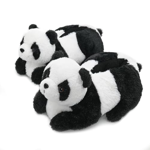 Onmygogo Indoor Fuzzy Winter Animal Panda and Cow Plush Slippers for Adult Women Men Boys Girls Kids 7-9 Black Panda
