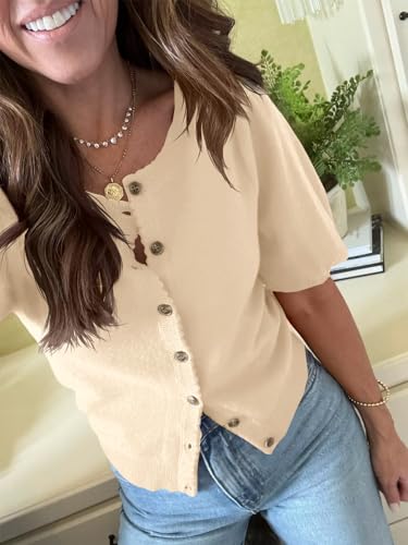 Image of Saodimallsu Womens Puff Short Sleeve Cardigan Lightweight Summer Button Down Shirts Knit Crew Neck Sweater Tops