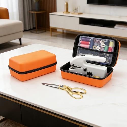 Image of Hand Held Sewing Machine for Adults & Beginners, with Orange Leather Storage Case and 112 PCS Sewing Kit, Portable Mini Hand Sewing Machine, Assorted Needles, Threads, Heavy Duty Scissors