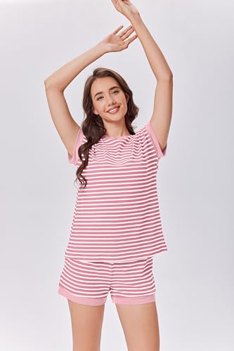 Image of Ekouaer Two Piece Sets for Women Summer Striped Lounge Set Vacation Outfit | Casual Cute Waffle Knit Tops Shorts Sets with Pocket for Travel, Jogging, Cruise, Beach, Airport