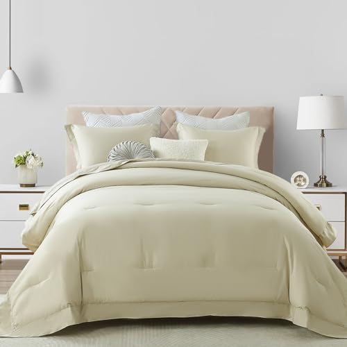 SahSahCasa King Comforter Set, Fluffy Bedding Set, 100% Cotton, Wide Border, Lightweight Quilted Comforter for King Size Bed, 104" x 90", 3pcs, Champagne Beige