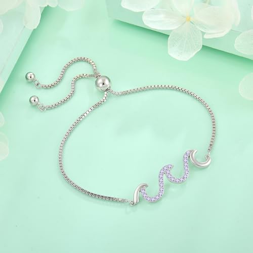 STARCHENIE 925 Sterling Silver Wave Bracelet for Women Adjustable Birthstone Bracelet Beach Ocean Jewelry4