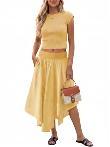 Image of Tankaneo Womens 2 Piece Skirt Set Summer Casual Cap Sleeve Ribbed Crop Tops Midi Dress Vacation Outfits with Pockets