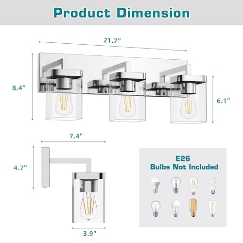 Image of Chrome Bathroom Vanity Light, Square Design 3 Lights Morden Vanity Lighting Fixtures Over Mirror, Bathroom Light Fixtures for Living Room /Bedroom