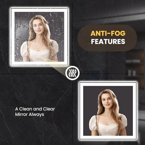LOAAO 38"X38" LED Bathroom Mirror Black Framed, Anti-Fog, Dimmable, Lighted Bathroom Vanity Mirror for Wall, Memory Function, Tempered Glass