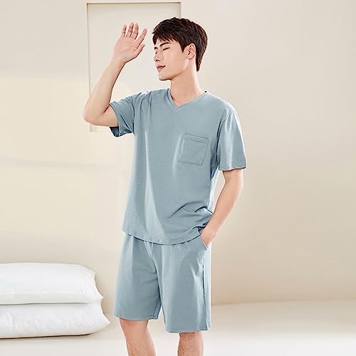 Qianxiu Mens 100% Cotton pajamas set Short Sleeve Pyjama V-Neck Nightwear Sets Lightweight Pj's Sleep Sets4