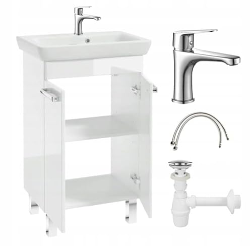 .Deftrans - Waschbecken mit Unterschrank stehend 55 cm Set – Badmöbel Hochglanz Weiß – Waschtisch mit Schrank & Keramikbecken – inkl. Chrom Armatur, Syphon & klick-Klack - 34,5T x 55B x 84,5H cm