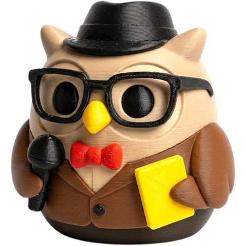 News Reporter Owl Figurine with Fedora Glasses Microphone and Notepad - Journalist Collectible Desk Decor for Adults - 3D Printed in Canada