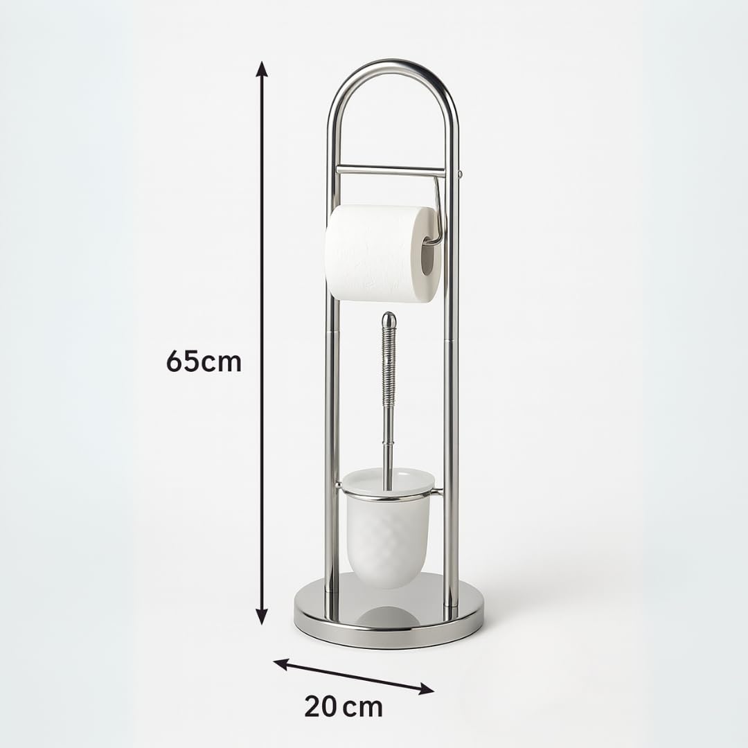 Set Porta Carta Igienica e Scopino WC - 20x65 cm Piantana da BAGNO Portarotolo e Scopino in Acciaio Inox - Porta Rotolo Carta Igienica Da Terra con Design Salvaspazio -Teddy