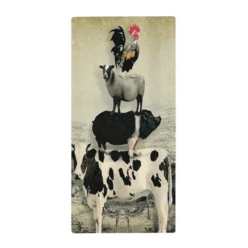 フェイスタオル 牧場 動物 復古風 牛柄 豚 オンドリ タオル 35X73cm 長め 大きめ ハンドタオル サンゴフリース生地 耐久性 ふわふわ ソフト 柔らか肌触り 肌に優しい やわらか 軽い 薄手 吸水速乾 抗菌防臭 家庭用、温泉、砂浜、スポーツなどに