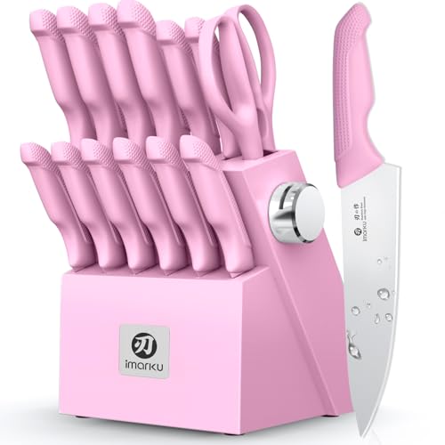 Image of imarku Pink Kitchen Knife Set - 14-Piece Stainless Steel Knife Set with Block and Build-in Sharpener, Gift for Women, Anti-Slip Handle, Dishwasher Safe
