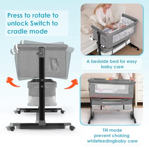 Image of YADAQE Baby Bassinet, Baby Basinet Bedside Sleeper, Easy to Fold Portable Crib Side Bassinet 2025new Style Girl /boy bassinets(Light Grey)