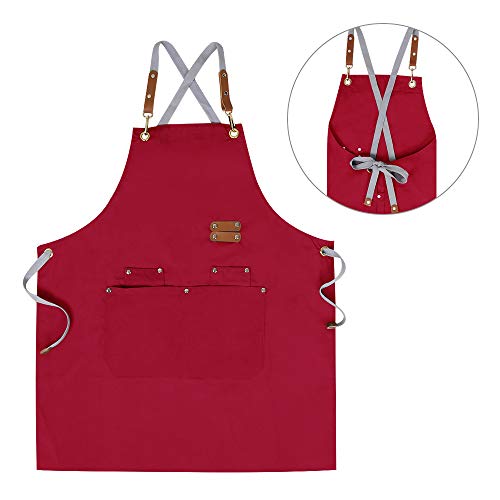 Chef Apron,Cross Back Apron for Men Women with Adjustable Straps and Large Pockets,Canvas,M-XXL,Red