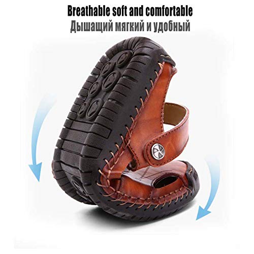 Men's Closed Toe Leather Sandals, Genuine Leather Soft Beach Breathable Shoes, Summer Outdoor Casual Fisherman Walking Shoes Non-Slip Flip Flops, Black-444