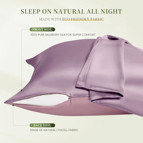 Image of THXSILK Mulberry Silk Pillowcase Queen Size, Set of 2 Pillowcases, Pillow Cover with Hidden Zipper, Soft Smooth Cooling Pillowcases for Hair and Skin, Gift for Women Men, Purple