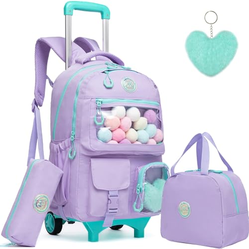 Meninas 3pcs rolando mochila com rodas para a escola (Roxo com Bola)