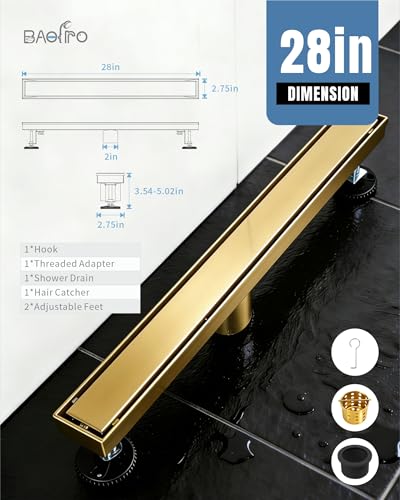 Image of 28 Inch Brushed Gold Linear Shower Drain | CUPC Certified 2-in-1 Tile Insert for Curbless Showers. 304 Steel, 15.8GPM Flow. Includes Hair Catcher & Adjustable Feet.