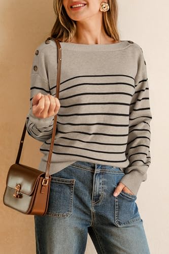 Arach&Cloz Women's Wool Blend Striped Boat Neck Fall Dressy Casual Sweater Tops 20253