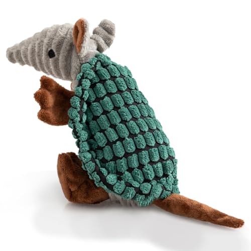 Image of Hollypet Plush Dog Squeaky Toy Stuffed Armadillo Animal Pet Puppy Chew Toys with Clean Teeth for Small Medium Large All Breed Sizes Dogs, Deep Green,8 in