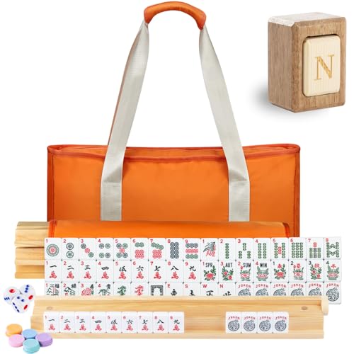 MUTEX American Mahjong Game Set, 166 Premium Mahjong Tile Set with Traveler Size Stylish Orange Carrying Bag, Western Mahjong Set with 4-Piece Wood Mahjong Racks/Pushers, Mahjong Ma Jong Set