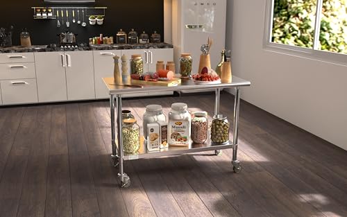 Image of KoolMore Commercial 24 inch x 48 inch Stainless Steel Work Table Wheels Restaurant Home Use, Under Storage Shelf Food, Tools, Equipment, Hardware, Heavy Duty Metal Workspace (CT2448-18C), Silver, 24 inch x 48 inch